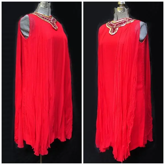 VTG 60's 70's Red Chiffon Trapeze A-Line Dress Beaded Neckline XS/S Twiggy Style - Picture 7 of 11